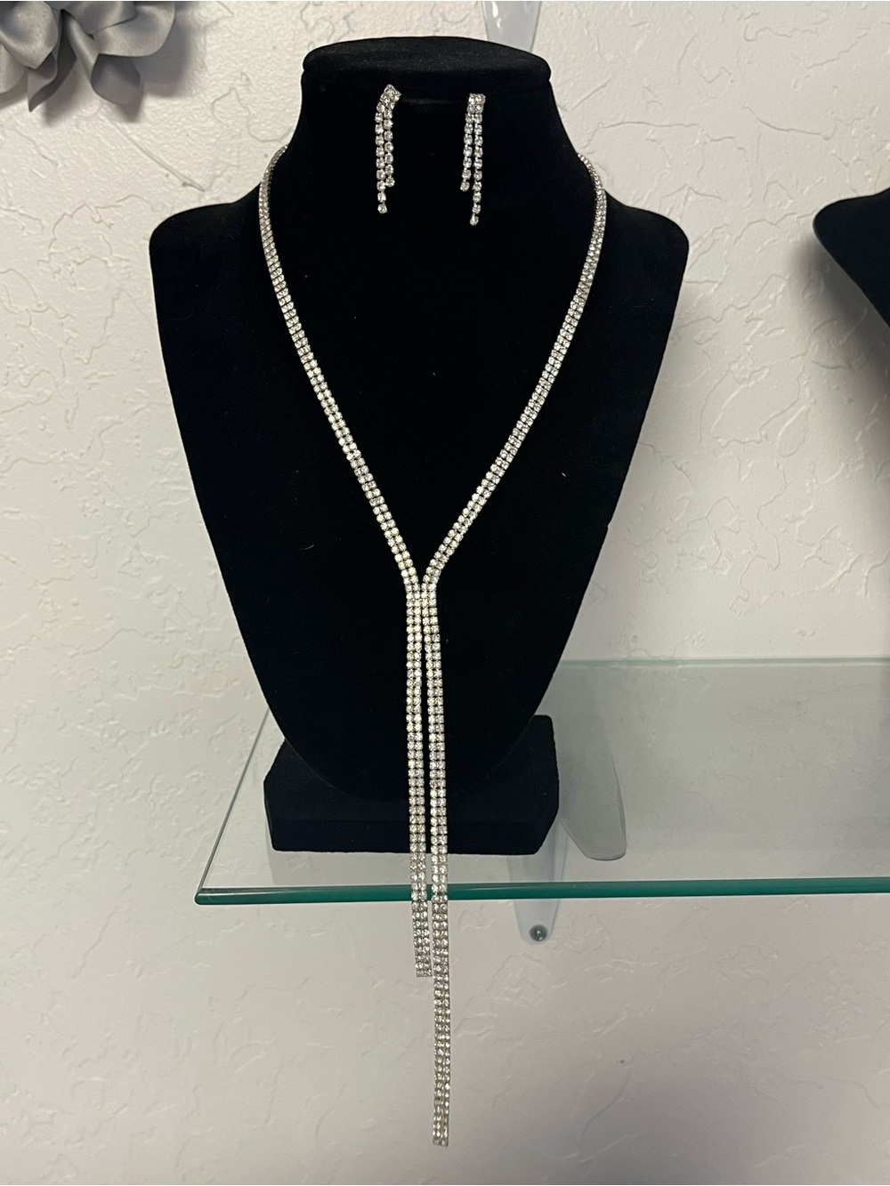 Crystal Y-Style Drop Necklace and Earrings Set - Silver